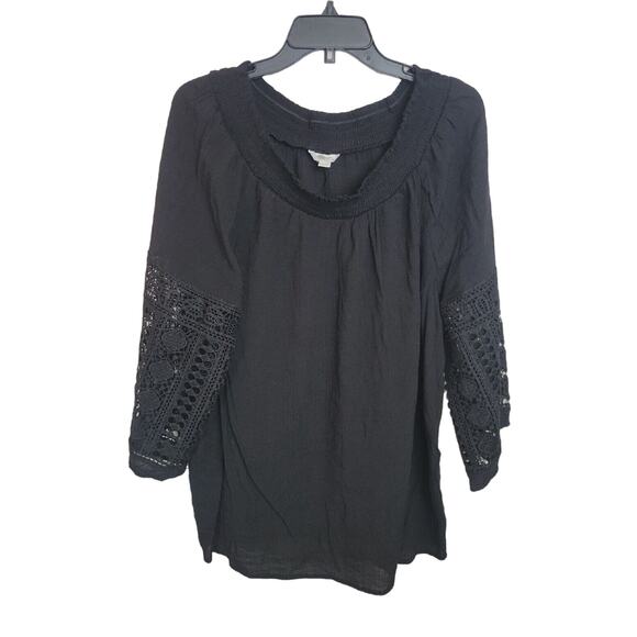 Cato Black Goth Crochet Smocked 3/4 Sleeve Boho Peasant Top Plus Size 18/20W - Picture 1 of 9